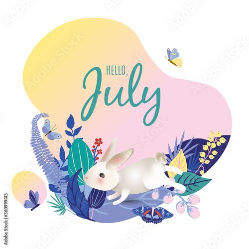 Monthly calendar page with text Hello July and cute character rabbit. Colorful summer card or background with white hear  beautiful butterflies  leaves  grass and flowers. Vector illustration.