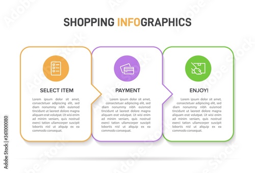 Concept of shopping process with 3 successive steps. Three colorful graphic elements. Timeline design for brochure, presentation, web site. Infographic design layout.