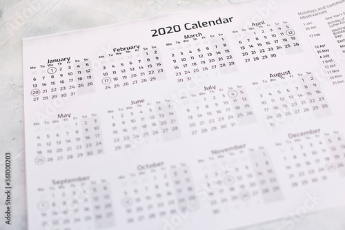 Yearly 2020 Calendar on white page. 2020 year calendar