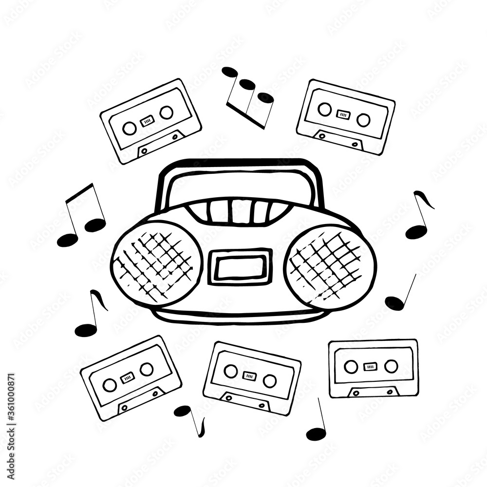 tape recorder, musical notes and cassette hand drawn in doodle style. vector, scandinavian, monochrome. composition, template, Set of elements for design card, sticker, poster, icon. music, melody 90s tape recorder, musical notes and cassette hand drawn in doodle style. vector, scandinavian, monochrome. composition, template, Set of elements for design card, sticker, poster, icon. music, melody 90s