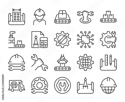 Engineering icons. Engineering and Manufacturing line icon set. Vector illustration. Editable stroke.