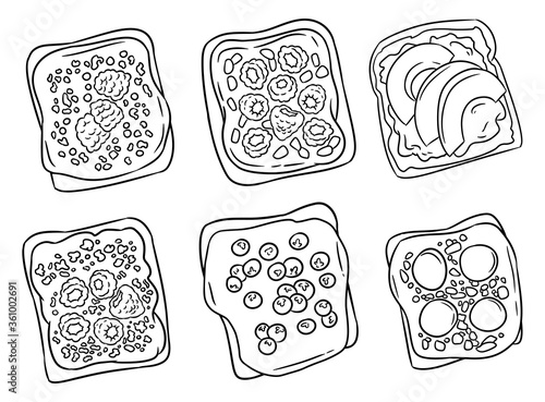 Set of hand drawn toasts isolated icons. Sandwiches doodles with different spreads, fruits and vegetables. Vegetarian breakfast food. Sketch vector illustration. Media highlights symbols