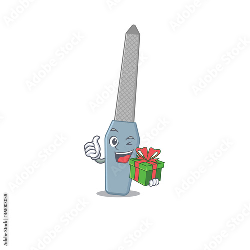 Nail file cartoon character concept with a big gift box