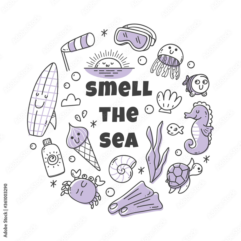 Sea related object, kawaii doodle set, cute icons collection