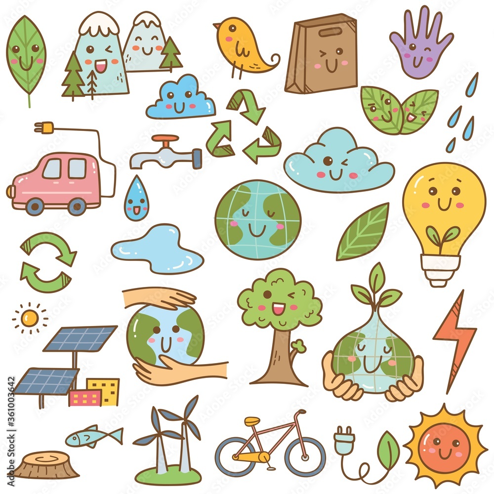 Fototapeta premium Set of ecology doodle in kawaii style vector illustration