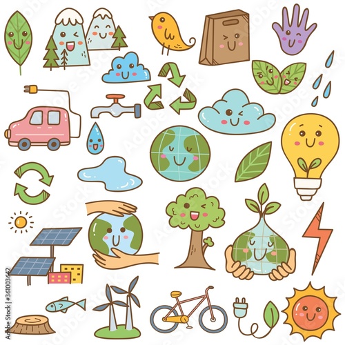 Set of ecology doodle in kawaii style vector illustration