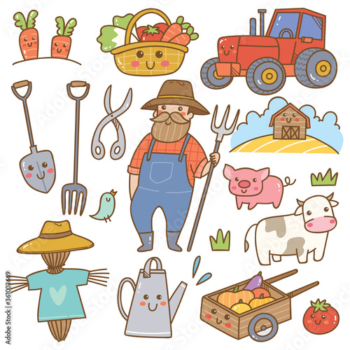 Farmer and farming equipment kawaii doodles