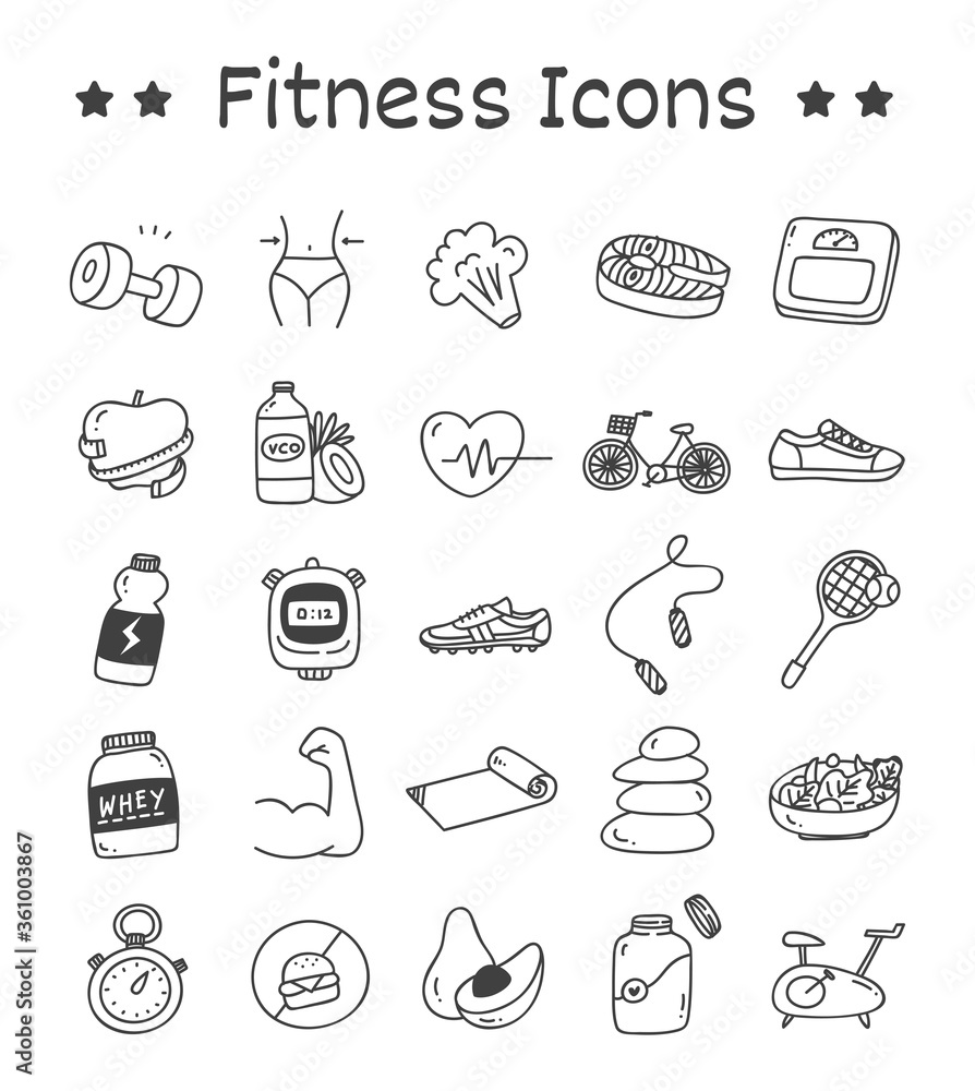 Set of Fitness Icons in Doodle Style Vector Illustration