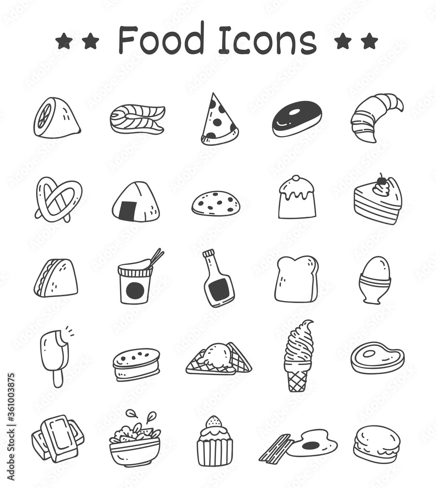 Set of Food Icons in Doodle Style Vector Illustration