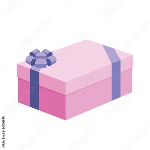 Single large pink present / gift boxes with purple ribbon bow flat design illustration. Isometric vectir interface element for app ui ux web banner icon isolated on white background photo