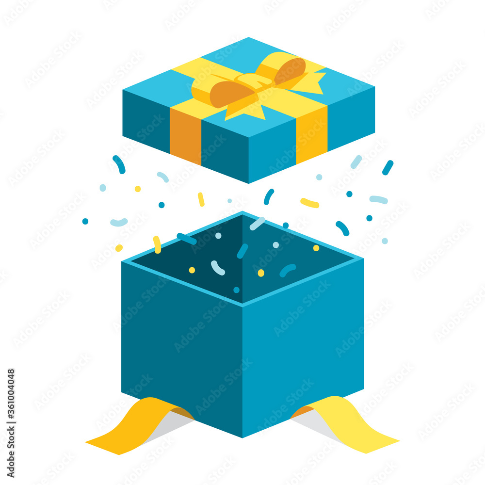 Single blue open gift box / square present with yellow ribbon bow flat ...