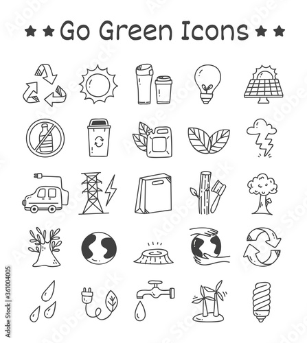 Set of Go Green Icons in Doodle Style Vector Illustration