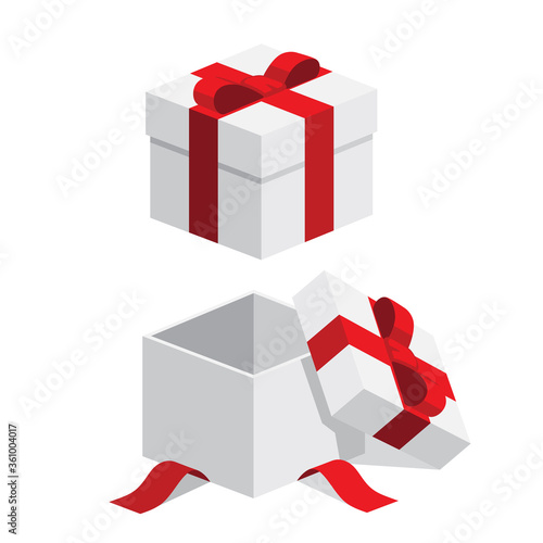 Set of white open / closed gift box present with red ribbon bow flat isometric illustration design concept, vector icon for interface app icon ui ux button web isolated on white background