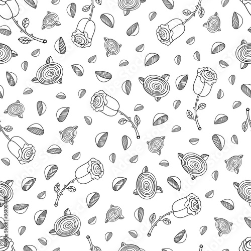 Hand-drawn outline roses seamless pattern. Doodle children pattern. Coloring book.