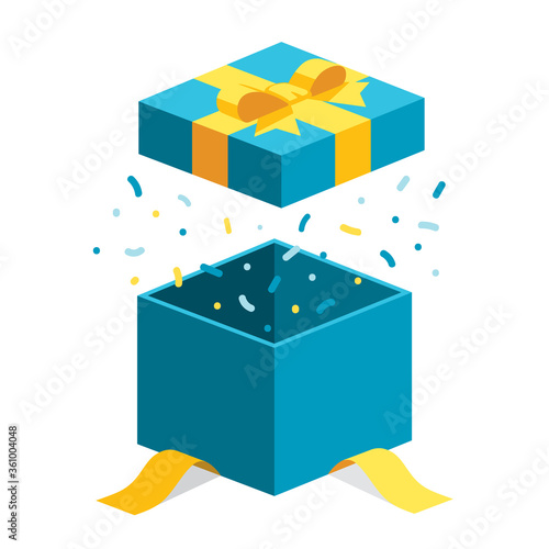 Single blue open gift box / square present with yellow ribbon bow flat isometric illustration design, surprise with confetti, vector interface app icon ui ux button web isolated on white background