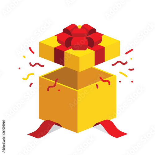 Single yellow open giftbox / square present with red ribbon bow flat isometric illustration design, surprise with confetti, vector interface app icon ui ux button web isolated on white background