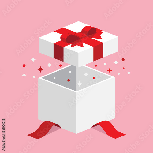 Single white square open giftbox present with red ribbon bow flat design isometric illustration, star coming out from box graphic vector interface app icon ui ux button web isolated on pink background