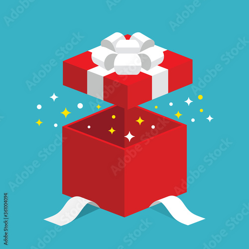 Single red open giftbox / square present with white ribbon bow flat isometric illustration design, stars coming out from box vector interface app icon ui ux button web isolated on blue background