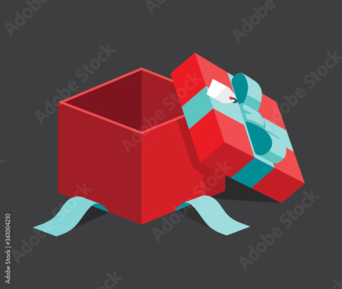 Single red open giftbox / square present with green ribbon bow flat design illustration. Isometric vector interface elements for app icon ui ux banner web invitation isolated on white background