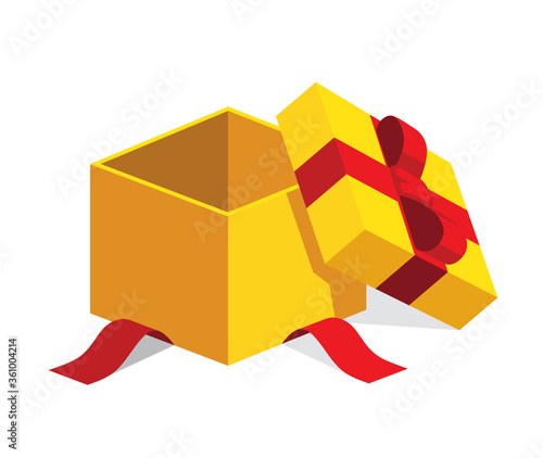 Single golden yellow open giftbox / square present with red ribbon bow flat design illustration. Isometric vector interface elements, app icon ui ux banner web invitation isolated on white background