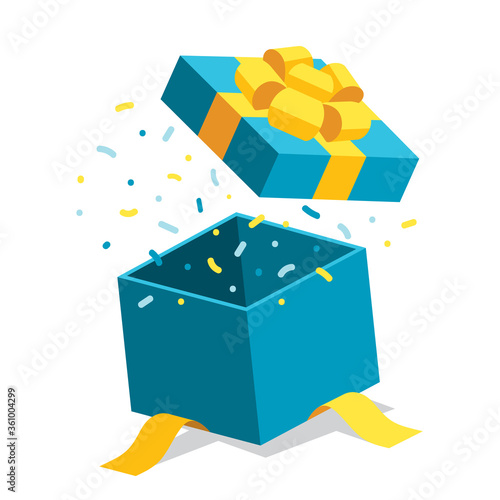 Single blue open giftbox / square present with yellow ribbon bow flat isometric illustration design, surprise with confetti, vector interface app icon ui ux banner web isolated on white background
