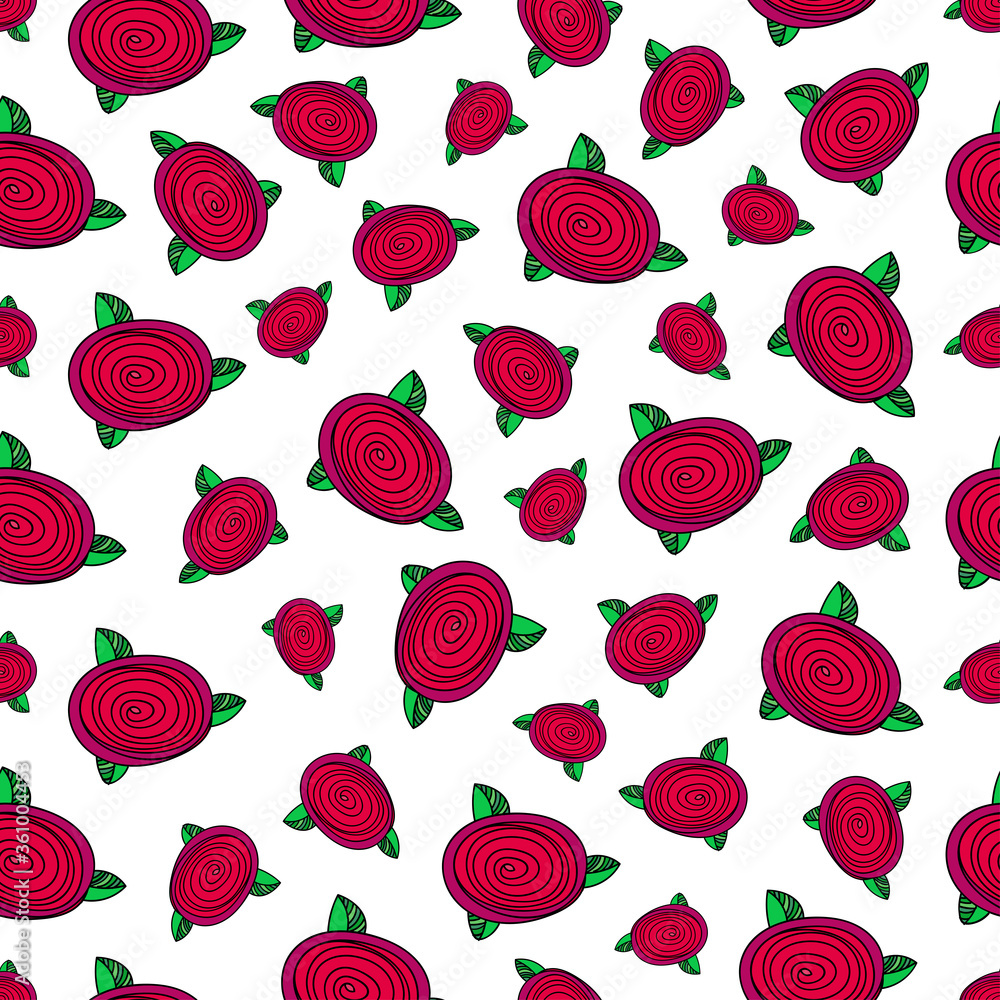 Doodle seamless patterns with red roses. Seamless hand drawn floral pattern with roses. Children cartoon drawing. Doodle seamless patterns with red roses. Seamless hand drawn floral pattern with roses. Children cartoon drawing.