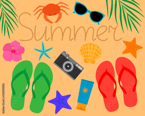 Greeting card summer sea beach palm swimwear sunglasses cream fish shell starfish crab vector illustration
