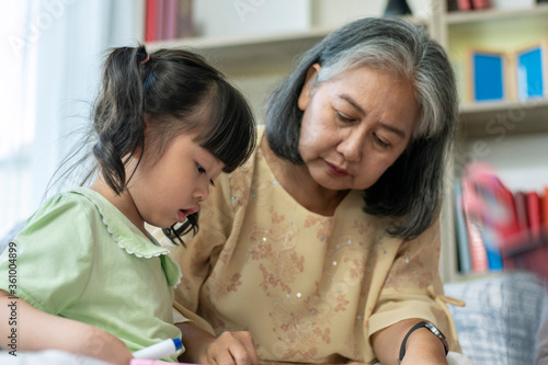 A kind and gentle Asia grandmother teaching her granddaughter to read write and drawing on a white board at home