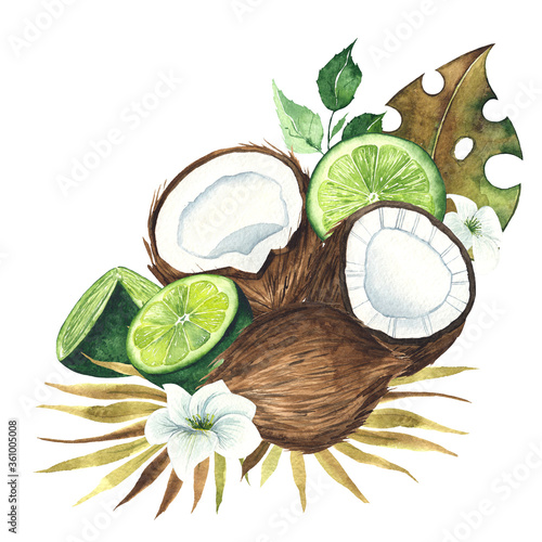 Fotografie Watercolor hand painted bouquet with coconuts and limes, tropical flowers, palm leaves, branches and twigs
