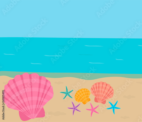 Greeting card landscape sea sky sand starfish shell vector illustration