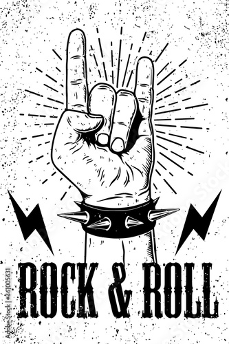 Rock and roll poster template. hand with rock and roll sign on grunge background. Design element for logo, emblem, card,banner, t-shirt. Vector illustration