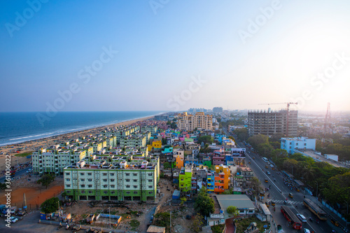 Marina Beach chennai city tamil nadu india bay of bengal madras view from light house photo