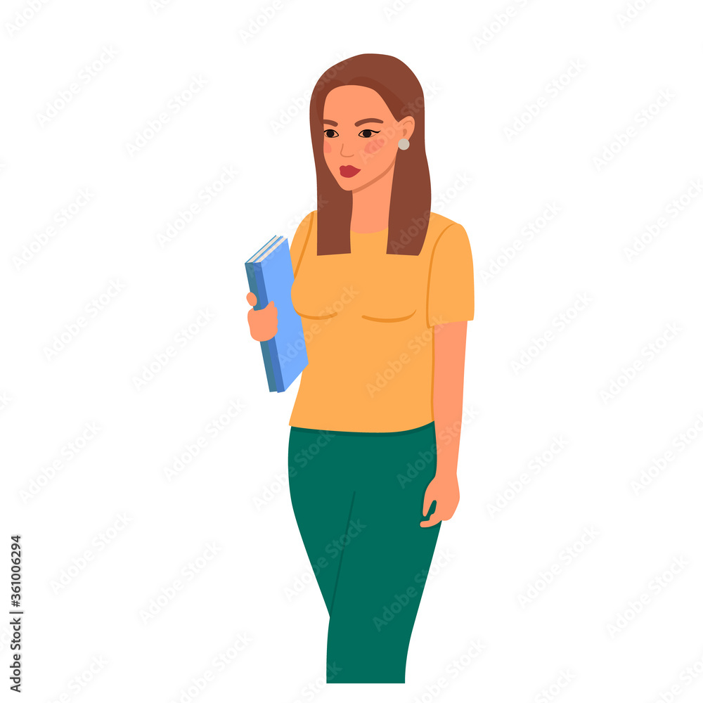 A young woman with books.A student or teacher stands with notebooks. Cartoon flat vector illustration. A young woman with books.A student or teacher stands with notebooks. Cartoon flat vector illustration.