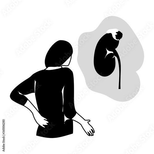 Adrenal gland tumor. Disease. Backache, woman with hand on her back, pain. Medical black and white anatomy illustration.