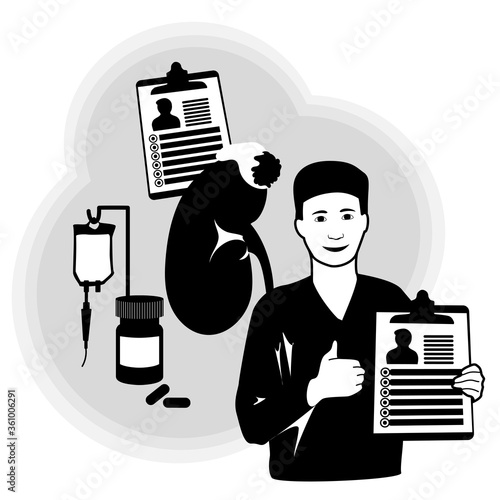 Adrenal gland tumor. Disease. Treatment, pills, bottle, drop counter, dropper. Smiling doctor with diagnosis, patiant card. Thumb up. Recovery. Medical black and white anatomy illustration.