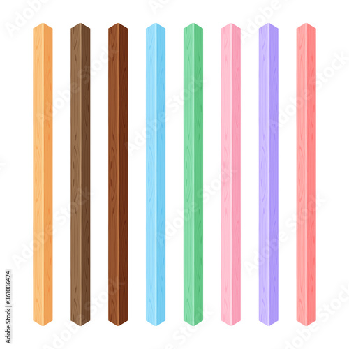 wood square lath different pastel soft color isolated on white background, wooden slat poles pastel color, lath wood vertical, wood slat posts, collection wood slats plank, lumber wooden pastel