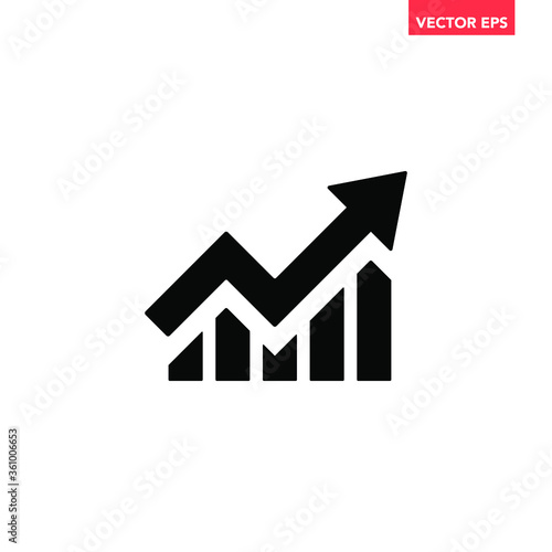 Single black arrow growing pointing up on chart graph bars icon, success graph trending upwards flat design interface infographic element for app ui ux web button, vector isolated on white background