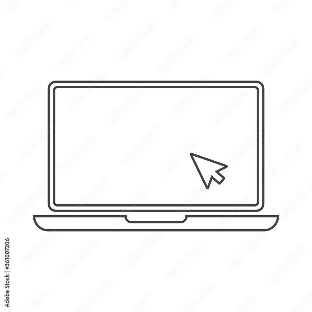 Laptop line icon. Cursor on notebook screen. Display with clicking mouse Laptop line icon. Cursor on notebook screen. Display with clicking mouse