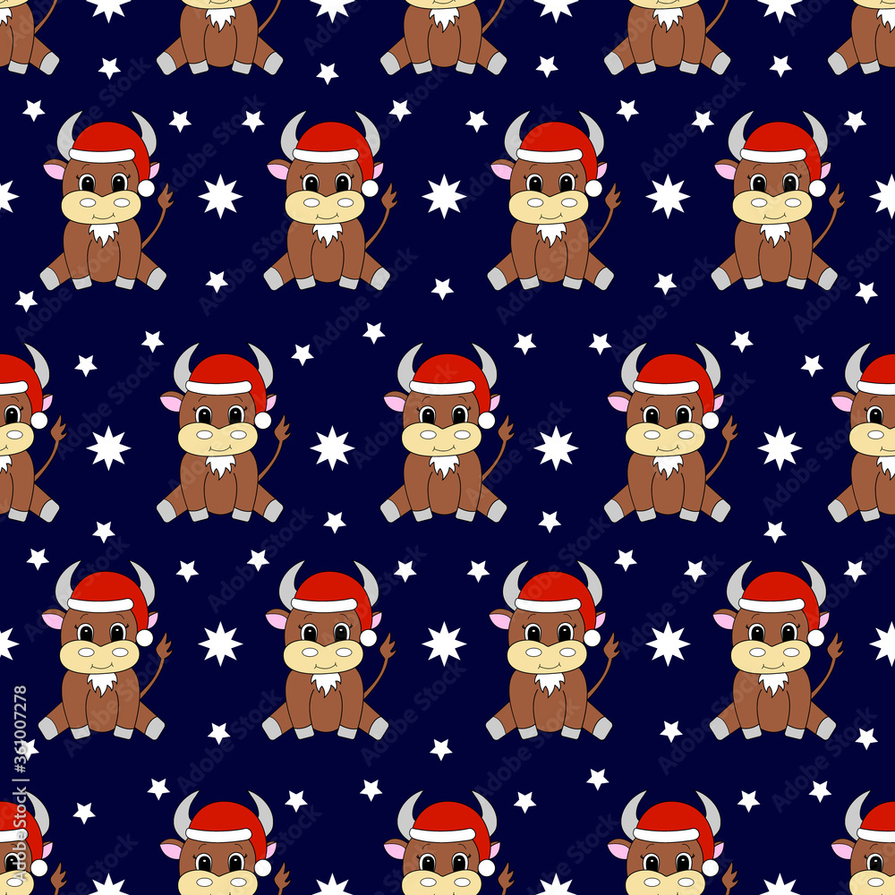 Seamless pattern with cartoon bull in santa hat. Vector illustration. Seamless pattern with cartoon bull in santa hat. Vector illustration.