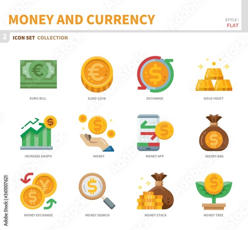 money and currency icon set,flat style,vector and illustration