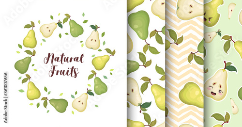 Vector collection of cute cartoon colorful pears isolated on white background. Set of Illustration and seamless patterns design for t-shirt print, fabric, wallpaper, card