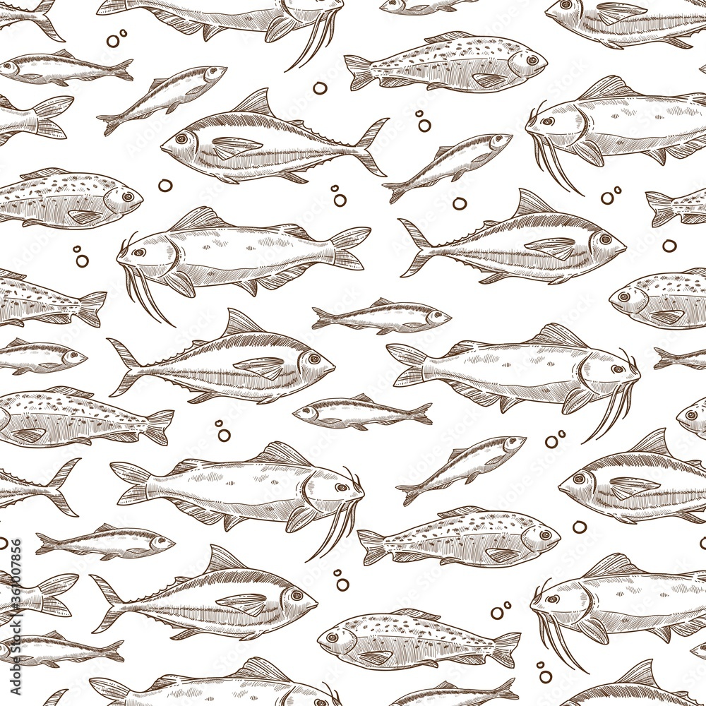 Obraz premium Fish floating in water, seafood raw marine creature seamless pattern