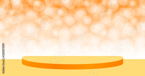 orange pedestal stage on bokeh soft for background, stage podium 3d for cosmetics product display show, orange pedestal stand deluxe for backdrop, stage pedestal for award or success concept show