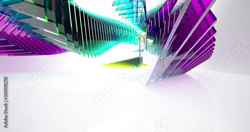 Abstract architectural background. Flying on a white minimalistic interior. Futuristic modern space. Stained glass sculpture. Array of fragments. Bright lighting. 3D animation and rendering.