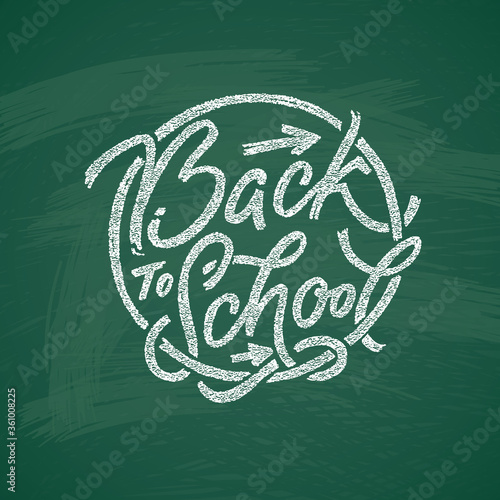 Back to school text drawing by white chalk in blackboard with school items and elements. Vector illustration banner.