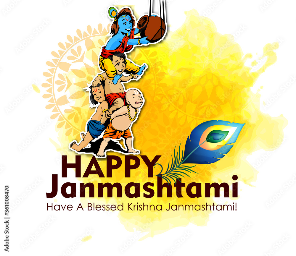 illustration of Lord Krishna playing dahi handi in Happy Janmashtami festival background of India with hindi text meaning 'shree krishna janmashtami'