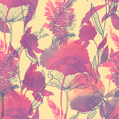 poppies and peonies vintage seamless pattern