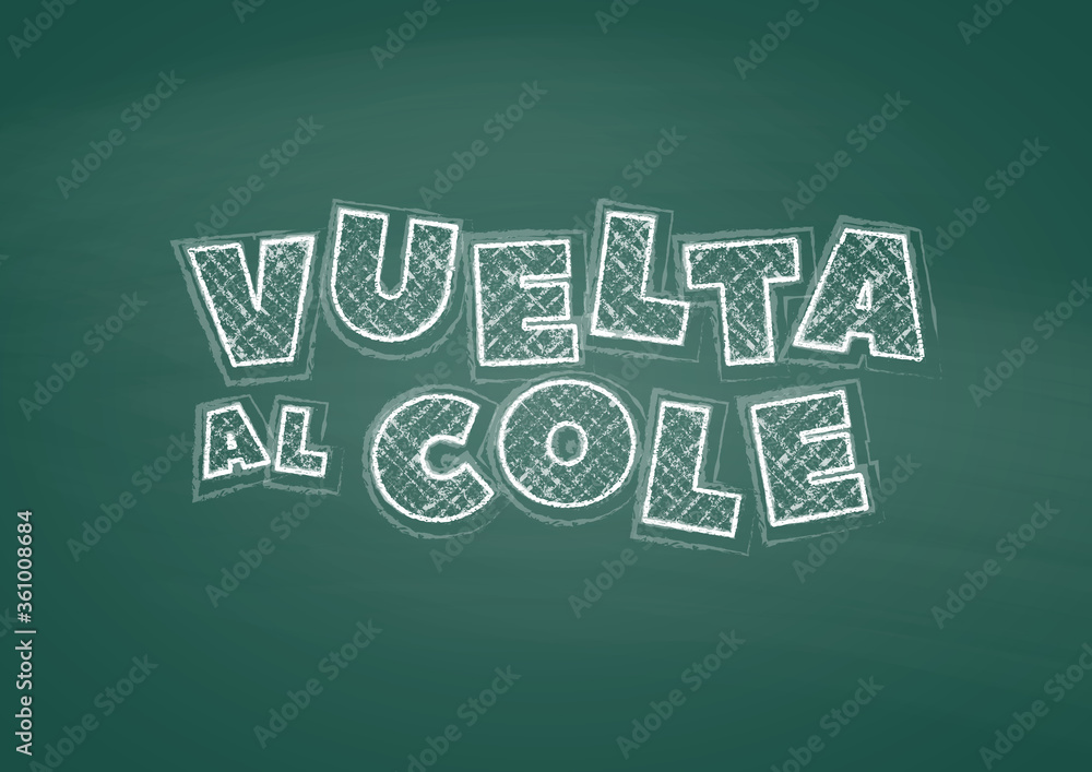 Spanish Back to school text drawing by white chalk in blackboard with school items and elements. Vector illustration banner Spanish Back to school text drawing by white chalk in blackboard with school items and elements. Vector illustration banner