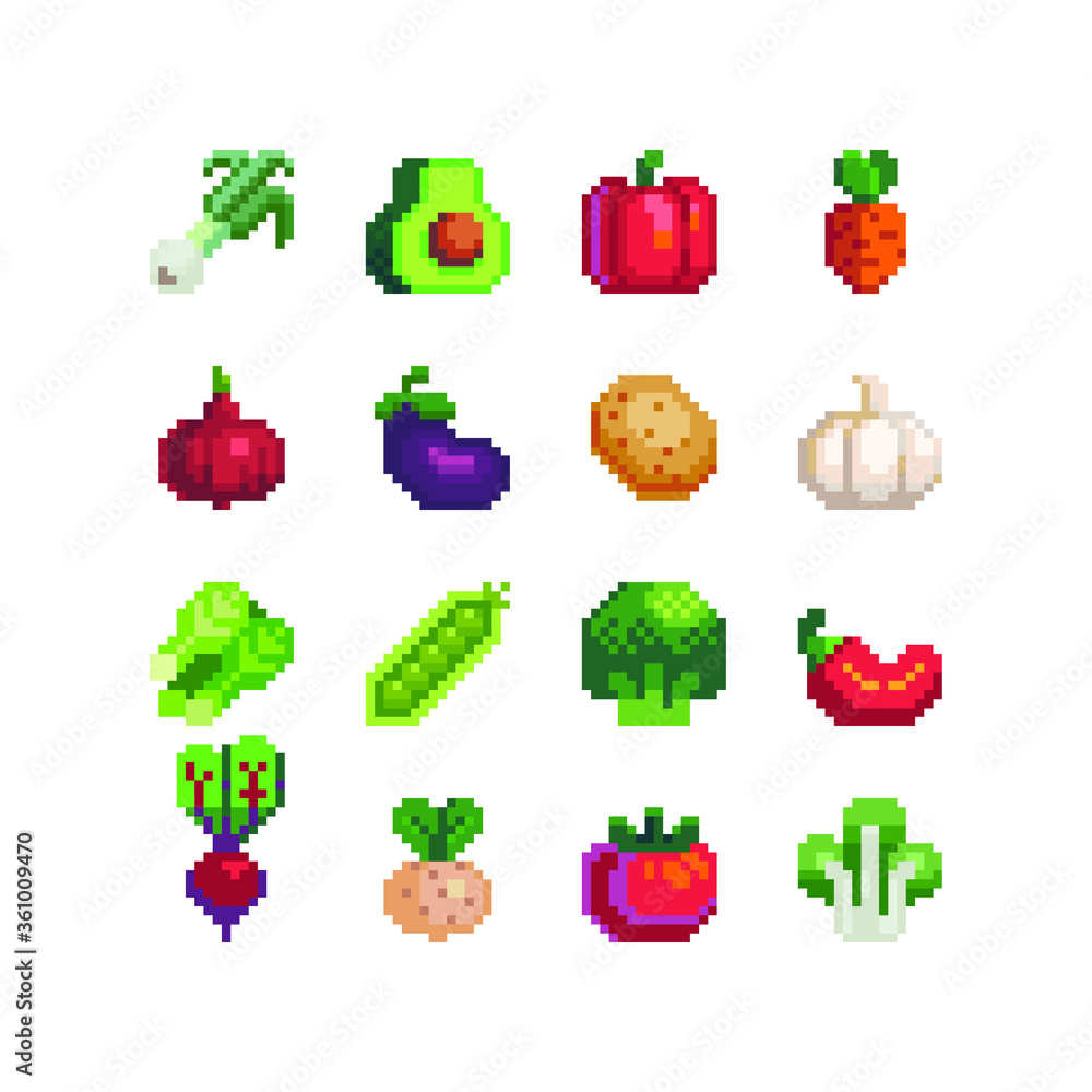 16px top-down vegetables icons set, pixel art, avocado, pepper, carrot, potato, garlic, broccoli, peas and tomato,. Design for logo, sticker and mobile app. Isolated vector illustration.