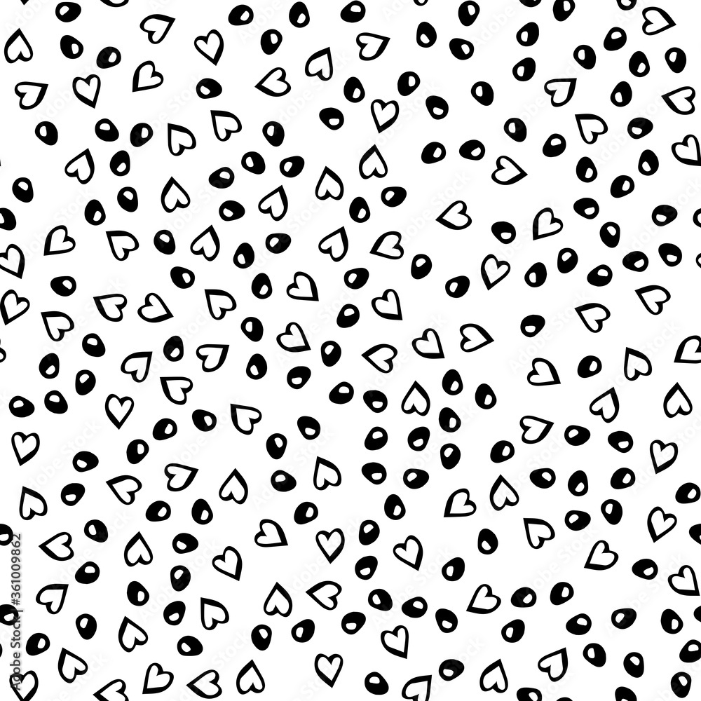 Black dots, hearts, doodle, seamless 1